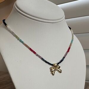 ❤️New Multicolor Beaded Necklace with Gold Bow Pendant